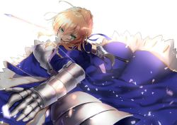 Rule 34 | ahoge, armor, armored dress, artoria pendragon (all), artoria pendragon (fate), blonde hair, blue dress, braid, chest armor, commentary request, dress, excalibur (fate/stay night), fate (series), french braid, gauntlets, green eyes, hair between eyes, hair bun, holding, holding sword, holding weapon, looking at viewer, open mouth, pirapirapirapira, saber (fate), sidelocks, single hair bun, sword, weapon