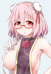 Rule 34 | 1girl, bandaged arm, bandages, bare shoulders, bespectacled, blush, breasts, bun cover, commentary request, double bun, flower, glasses, grey background, hair between eyes, hair bun, hair ribbon, hand up, highres, hiro (pqtks113), ibaraki kasen, large breasts, looking at viewer, naked tabard, parted lips, pink hair, red-framed eyewear, red eyes, red flower, red ribbon, red rose, ribbon, rose, short hair, simple background, solo, sweat, tabard, touhou, upper body