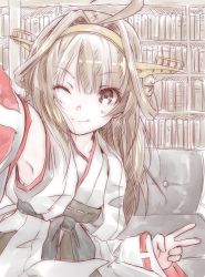 Rule 34 | 1girl, ahoge, black eyes, book, bookshelf, brown hair, chicken99, commentary request, couch, detached sleeves, double bun, hairband, headgear, highres, japanese clothes, kantai collection, kongou (kancolle), long hair, looking at viewer, ribbon-trimmed sleeves, ribbon trim, selfie, smile, solo, upper body, v