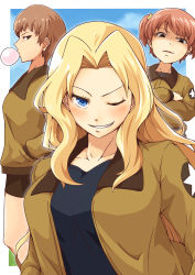 Rule 34 | 10s, 3girls, alisa (girls und panzer), blonde hair, blue eyes, blush, bomber jacket, breasts, brown eyes, brown hair, bubble, blowing bubbles, chewing gum, crossed arms, freckles, girls und panzer, grin, hands in pockets, jacket, kay (girls und panzer), large breasts, long hair, looking down, mice (sake nomitai), micesakenomitai, multiple girls, naomi (girls und panzer), one eye closed, short hair, short twintails, smile, smirk, twintails