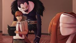 Rule 34 | 1girl, 2boys, black hair, book, bow, brown hair, crossover, death note, death note (object), doki doki literature club, english text, hair bow, highres, holding, holding book, long hair, long sleeves, looking at viewer, monika (doki doki literature club), multiple boys, necktie, open mouth, ponytail, protagonist (doki doki literature club), ryuk, sharp teeth, shinigami, shirt, teeth, triple stabber, yagami light