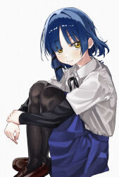 Rule 34 | 1girl, black pantyhose, black ribbon, blue eyes, blue skirt, bocchi the rock!, brown footwear, closed mouth, grey background, hair ornament, hairclip, highres, hugging own legs, layered sleeves, loafers, long sleeves, looking at viewer, neck ribbon, pantyhose, pleated skirt, ribbon, school uniform, shimokitazawa high school uniform, shirt, shirt tucked in, shoes, short hair, short over long sleeves, short sleeves, simple background, sitting, skirt, solo, taroekaki, white shirt, yamada ryo, yellow eyes
