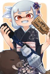 Rule 34 | 1girl, akr tmr, black kimono, boar, brown eyes, chinese zodiac, colored tongue, fang, grey tongue, highres, inkling, inkling girl, inkling player character, japanese clothes, kimono, looking at viewer, nintendo, open mouth, short hair, silver hair, skin fang, smile, solo, splatoon (series), tentacle hair, tongue, year of the pig