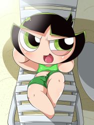 Rule 34 | 1girl, bare arms, bare shoulders, black hair, bow, bra, buttercup (ppg), flat chest, green bra, green eyes, green hair, green shorts, highres, looking away, lying, on back, open mouth, plar0846, powerpuff girls, shoes, shorts, solo, sports bra, thighs, underwear