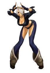 Rule 34 | 1girl, ahoge, angel (kof), bent over, breasts, chaps, cleavage, fingerless gloves, gloves, midriff, nona, official art, short hair, snk, solo, the king of fighters, the king of fighters 2001, white hair