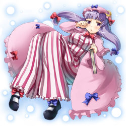 Rule 34 | 1girl, blunt bangs, book, breasts, crescent, crescent hat ornament, female focus, floating, gin&#039;ichi (akacia), ginichi, hat, hat ornament, large breasts, long hair, mary janes, patchouli knowledge, purple eyes, purple hair, robe, shirt, shoes, sleepy, solo, striped, taut clothes, taut shirt, touhou