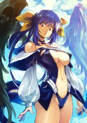 Rule 34 | 1girl, angel wings, asymmetrical wings, bare shoulders, belt, black wings, blue hair, blue sky, breasts, center opening, choker, cleavage, cloud, commentary, detached sleeves, dizzy (guilty gear), english commentary, guilty gear, guilty gear x, guilty gear xx, hair ribbon, hair rings, large breasts, long sleeves, looking at viewer, midriff, navel, optionaltypo, puffy long sleeves, puffy sleeves, red eyes, ribbon, shaded face, sideboob, signature, sky, solo, tail, thighs, twintails, underboob, white wings, wings, yellow ribbon