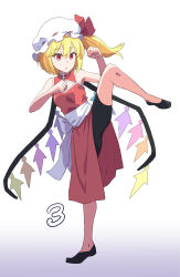 Rule 34 | 1girl, bike shorts, black footwear, blonde hair, china dress, chinese clothes, cleavage cutout, clenched teeth, clothing cutout, dress, fighting stance, flandre scarlet, from side, full body, hat, hat ribbon, highres, jack (wkm74959), mandarin collar, mob cap, one-hour drawing challenge, pelvic curtain, red dress, red eyes, red ribbon, ribbon, side ponytail, simple background, solo, standing, standing on one leg, teeth, touhou, white background