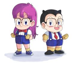 Rule 34 | 1boy, 1girl, artist request, black hair, blue eyes, blue overalls, blush, bow, bowtie, dr. slump, full body, glasses, gloves, highres, norimaki arale, obotchaman, overall shorts, overalls, purple hair, red tie, shoes, simple background, socks, standing, white background, yellow gloves
