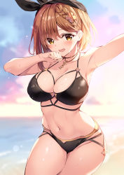 Rule 34 | 1girl, armpits, atelier (series), atelier ryza, atelier ryza 1, bikini, black bikini, black bow, blurry, blurry background, blush, bow, braid, braided bangs, breasts, brown eyes, brown hair, commentary request, hair between eyes, hair bow, hair ornament, highres, jewelry, key, key necklace, large breasts, light particles, looking at viewer, navel, necklace, ocean, open mouth, oryo (oryo04), outstretched arm, reisalin stout, short hair, solo, swept bangs, swimsuit
