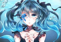 Rule 34 | 1girl, black bow, black dress, blue eyes, blue hair, bow, crying, dress, female focus, flower, hair bow, hair ornament, hatsune miku, long hair, looking at viewer, matching hair/eyes, nail polish, own hands clasped, own hands together, praying, ribbon, sad, solo, sona (sona 310621), twintails, underwater, vocaloid, water