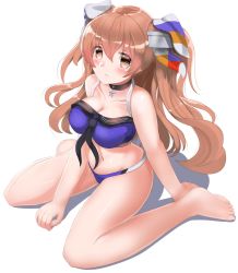 Rule 34 | 1girl, barefoot, bikini, blue bikini, breasts, brown eyes, cleavage, full body, hair ribbon, highres, johnston (kancolle), kantai collection, large breasts, light brown hair, long hair, looking at viewer, redundant-cat, ribbon, shadow, simple background, sitting, solo, star (symbol), swimsuit, two side up, wariza, white background