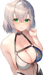 Rule 34 | 1girl, bikini, blush, breasts, collarbone, commentary request, green eyes, hair between eyes, hand up, highres, hololive, large breasts, looking at viewer, navel, shirogane noel, shirogane noel (summer 2020), silver hair, simple background, solo, swimsuit, two-tone bikini, virtual youtuber, warayanuko, white background