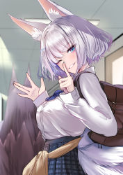 Rule 34 | 2girls, animal ear fluff, animal ears, azur lane, black hair, blue bow, blue eyes, blue skirt, bow, breasts, brown bag, brown sweater, carrying bag, carrying over shoulder, character request, clothes around waist, collared shirt, commentary request, dress shirt, finger to mouth, fox ears, fox tail, from behind, from side, hair ornament, hairclip, hands up, index finger raised, indoors, kaga (azur lane), long hair, long sleeves, looking at viewer, looking to the side, multiple girls, multiple tails, one eye closed, pleated skirt, school uniform, schreibe shura, shirt, shirt tucked in, short hair, skirt, sleeves past wrists, smile, solo focus, sweater, sweater around waist, unworn sweater, tail, white hair, white shirt