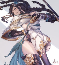 Rule 34 | 1girl, asymmetrical clothes, black hair, boots, braid, braided ponytail, breasts, brown eyes, commission, gauntlets, granblue fantasy, hair ornament, impossible clothes, ivris, long hair, lying, on back, scar, scar on face, shura (granblue fantasy), skeb commission, thighhighs, thighs, torn clothes, weapon