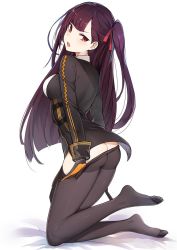 Rule 34 | 1girl, ass, black pantyhose, blazer, blush, braid, breasts, clothes pull, collared shirt, foot up, french braid, from side, full body, girls&#039; frontline, gloves, hair ribbon, half updo, jacket, kneeling, long hair, long sleeves, looking at viewer, looking back, luse maonang, medium breasts, necktie, no shoes, one side up, open mouth, pantyhose, pantyhose pull, pelvic curtain, purple hair, red eyes, red necktie, red ribbon, ribbon, shirt, simple background, skindentation, solo, thighband pantyhose, very long hair, wa2000 (girls&#039; frontline)