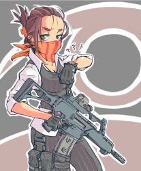 Rule 34 | 1girl, assault rifle, bandana, bandana over mouth, black gloves, breasts, brown hair, cleavage, exalt operative, folded ponytail, gloves, green eyes, gun, h&amp;k g36c, jarv, looking at viewer, medium breasts, rifle, sleeves rolled up, solo, standing, striped bandana, trigger discipline, vest, weapon, x-com