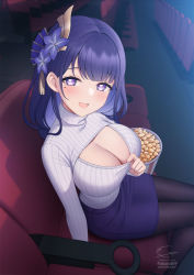Rule 34 | 1girl, artist name, black pantyhose, blush, breasts, cleavage, cleavage cutout, clothing cutout, flower, food, fukuro daizi, genshin impact, hair flower, hair ornament, highres, large breasts, looking at viewer, meme attire, mole, mole under eye, open-chest sweater, open mouth, pantyhose, popcorn, purple eyes, purple hair, purple skirt, raiden shogun, signature, sitting, skirt, smile, solo, sweater, theater, twitter username, white sweater