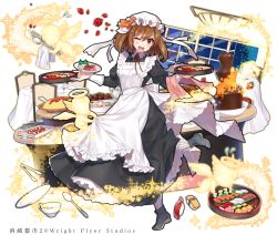 Rule 34 | 1girl, ;d, black footwear, brown hair, chair, cherub, chocolate fountain, cup, food, fork, fruit, hair ornament, hairclip, indoors, lights, maid, official art, one eye closed, open mouth, petals, saucer, shirako miso, shoumetsu toshi 2, smile, socks, solo, spoon, standing, standing on one leg, strawberry, striped clothes, striped legwear, striped socks, sugar tongs, sushi, table, tablecloth, teacup, tray, vertical-striped clothes, vertical-striped socks, watermark, window