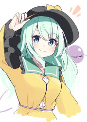Rule 34 | 1girl, alternate hair length, alternate hairstyle, aqua eyes, blush, breasts, closed mouth, commentary request, cropped torso, eyeball, frilled shirt collar, frills, hand on headwear, hat, hat ribbon, komeiji koishi, light green hair, long hair, long sleeves, looking at viewer, medium breasts, notice lines, ominaeshi (takenoko), ribbon, shirt, simple background, smile, solo, third eye, touhou, upper body, white background, wide sleeves, yellow ribbon, yellow shirt