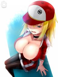 Rule 34 | 10s, 1girl, arm support, artist name, baseball cap, black choker, black leggings, blonde hair, breasts, bursting breasts, choker, cilica, cleavage, closed eyes, collarbone, creatures (company), female protagonist (pokemon go), from above, game freak, green eyes, hat, highres, large breasts, leggings, long hair, looking at viewer, nintendo, one eye covered, open mouth, pantyhose, pokemon, pokemon go, ponytail, shorts, sidelocks, sitting, solo, sweat