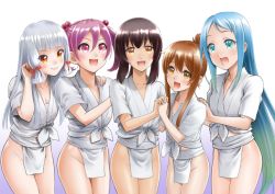 Rule 34 | 5girls, alternate costume, black hair, blue eyes, blue hair, brown eyes, brown hair, chaborin, commentary request, cowboy shot, folded ponytail, fubuki (kancolle), fundoshi, gradient background, gradient hair, hair bobbles, hair ornament, hair ribbon, inazuma (kancolle), japanese clothes, kantai collection, long hair, looking at viewer, low ponytail, mizu happi, multicolored hair, multiple girls, murakumo (kancolle), open mouth, orange eyes, pelvic curtain, pink eyes, pink hair, ponytail, purple background, ribbon, samidare (kancolle), sazanami (kancolle), short hair, short ponytail, sidelocks, silver hair, simple background, smile, standing, swept bangs, tress ribbon, twintails, very long hair, white background