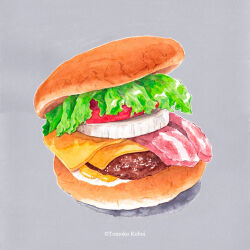 Rule 34 | artist name, bacon, bun (food), burger, cheese, food, food focus, grey background, kuboitomoko, lettuce, meat, no humans, original, outline, painting (medium), shadow, simple background, still life, tomato, traditional media, watercolor (medium), white outline