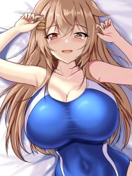 Rule 34 | 1girl, bed, blanket, blue one-piece swimsuit, blush, breasts, brown eyes, competition swimsuit, covered navel, hair between eyes, hair flaps, hair ornament, hair ribbon, hairclip, heterochromia, highleg, highleg swimsuit, highres, impossible clothes, impossible swimsuit, kantai collection, large breasts, light brown hair, long hair, looking at viewer, lying, montemasa, murasame (kancolle), murasame kai ni (kancolle), on bed, one-piece swimsuit, open mouth, red eyes, ribbon, smile, solo, swimsuit, two-tone swimsuit, two side up