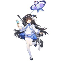 Rule 34 | 1girl, aged down, assault rifle, black footwear, black hair, blue skirt, blunt bangs, blush, bullpup, floral print, flower, full body, girls&#039; frontline, gun, gun on back, hair flower, hair ornament, hairband, hatoyama itsuru, kite, kite flying, kite string, long hair, long sleeves, looking at viewer, mary janes, military vehicle, motor vehicle, official alternate costume, official art, open mouth, pantyhose, pleated skirt, print pantyhose, qbz-95, red wristband, ribbon, rifle, shirt, shoes, simple background, skirt, smile, solo, standing, standing on one leg, tank, teeth, third-party source, transparent background, type 95 (girls&#039; frontline), type 95 (kite flyer in spring) (girls&#039; frontline), type 95 ha-gou, upper teeth only, very long hair, weapon, weapon on back, white flower, white hairband, white pantyhose, white ribbon, white shirt, yellow eyes