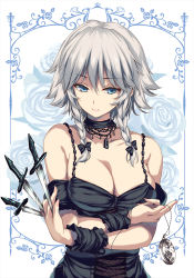 Rule 34 | 1girl, alternate costume, bare shoulders, black dress, blue eyes, bow, braid, breast hold, breasts, cleavage, closed mouth, dagger, detached collar, dress, hair between eyes, hair bow, highres, izayoi sakuya, knife, large breasts, lips, monety, pocket watch, short hair, silver hair, solo, touhou, twin braids, upper body, watch, weapon, wrist cuffs