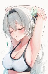 1girl armpits arms_up bare_arms black_hairband breasts cleavage closed_eyes firefly_(honkai:_star_rail) green_thighhighs grey_hair hair_intakes hair_ornament hairband highres honkai:_star_rail honkai_(series) large_breasts open_mouth ranran_3939 shiny_skin simple_background solo sports_bra stretching sweat sweatdrop thighhighs white_background