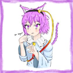 Rule 34 | 1girl, animal ears, breasts, cat ears, cat tail, fang, hairband, highres, komeiji satori, purple eyes, purple hair, r4bb2t, self-upload, short hair, simple background, small breasts, solo, tail, third eye