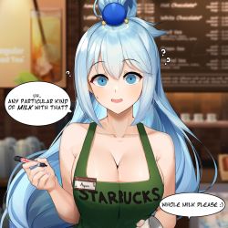 Rule 34 | 1girl, ?, apron, aqua (konosuba), badge, beads, blue eyes, blue hair, blurry, blurry background, breasts, character name, cleavage, clothes writing, collarbone, commentary, cup, depth of field, disposable cup, english commentary, english text, green apron, hair beads, hair between eyes, hair ornament, highres, holding, holding cup, holding marker, iced latte with breast milk (meme), kono subarashii sekai ni shukufuku wo!, large breasts, long hair, looking at viewer, marker, meme, menu board, naked apron, name tag, open mouth, pov, sasoura, solo, speech bubble, starbucks, sweatdrop, upper body, very long hair