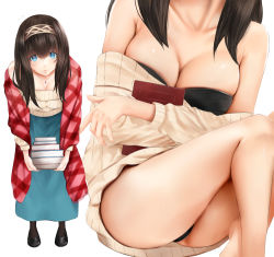 Rule 34 | 1girl, bare legs, barefoot, black hair, blue eyes, book, breasts, cleavage, holding, holding book, idolmaster, idolmaster cinderella girls, irohakaede, jewelry, large breasts, leaning forward, long hair, looking at viewer, necklace, off-shoulder, off-shoulder sweater, off shoulder, panties, pantyshot, ribbed sweater, sagisawa fumika, shawl, simple background, sitting, solo, sweater, underwear, white background
