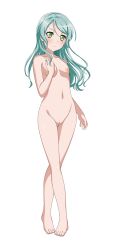 Rule 34 | 1girl, bang dream!, blush, breasts, cleft of venus, feet, green hair, highres, hikawa sayo, long hair, navel, nipples, nude, nude filter, pussy, small breasts, standing, thigh gap, third-party edit, toes, transparent background