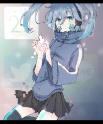 Rule 34 | 1girl, arrow (symbol), black skirt, black thighhighs, blue eyes, blue jacket, blue nails, closed mouth, collared jacket, ene (kagerou project), facial mark, fingernails, grey background, hair between eyes, headphones, icon (computing), jacket, kagerou project, letterboxed, light frown, long sleeves, mekakucity actors, pentagon (shape), pleated skirt, popped collar, skirt, solo, strawberrya mg, thighhighs, track jacket, twintails, twitter logo, zipper