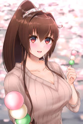 Rule 34 | 1girl, absurdres, ayuko91, blush, breasts, brown eyes, brown hair, brown sweater, cherry blossoms, flower, food, hair flower, hair ornament, highres, kantai collection, large breasts, long hair, looking at viewer, open mouth, ponytail, skirt, smile, solo, sweater, very long hair, yamato (kancolle)