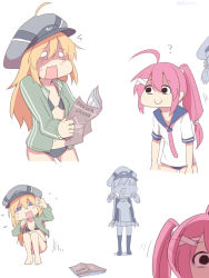 Rule 34 | ^^^, 10s, 3girls, ?, ahoge, bikini, bikini under clothes, bismarck (kancolle), black bikini, black eyes, blonde hair, blue eyes, closed mouth, clothes writing, commentary request, empty eyes, frown, hat, i-168 (kancolle), jacket, kantai collection, long hair, long sleeves, multiple girls, o o, one-piece swimsuit, open mouth, peaked cap, pink hair, prinz eugen (kancolle), school swimsuit, school uniform, serafuku, silver bell (artist), simple background, smile, swimsuit, swimsuit under clothes, track jacket, twintails, white background