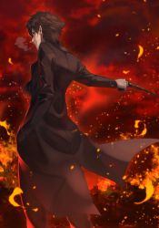 Rule 34 | 1boy, akamiso (k074510), black cape, black pants, brown hair, cape, emiya kiritsugu, fate/zero, fate (series), fire, from behind, from below, gun, hand in pocket, highres, holding, holding gun, holding weapon, male focus, outdoors, outstretched arm, pants, smoking, solo, standing, weapon