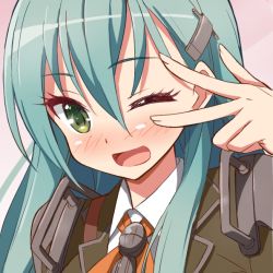 Rule 34 | 10s, 1girl, 9law, ;d, blush, green eyes, green hair, hair ornament, hairclip, kantai collection, long hair, looking at viewer, matching hair/eyes, one eye closed, open mouth, smile, solo, suzuya (kancolle), v, v over eye