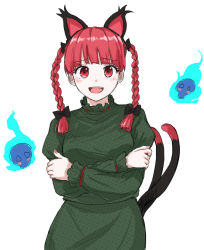 Rule 34 | 1girl, animal ears, arms under breasts, blue fire, bow, braid, cat ears, crossed arms, dress, extra ears, fire, green dress, hair bow, highres, hitodama, kaenbyou rin, kashiwada kiiho, long sleeves, looking at viewer, nekomata, open mouth, red eyes, red hair, skull, spirit, touhou, twin braids