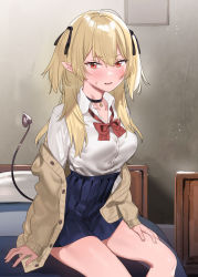 Rule 34 | 1girl, bed, blonde hair, blue skirt, blush, bow, breasts, brown cardigan, cardigan, collared shirt, commentary request, demon tail, dress shirt, fang, hair between eyes, highres, indoors, long hair, long sleeves, looking at viewer, medium breasts, off shoulder, on bed, open cardigan, open clothes, original, parted lips, pillow, pleated skirt, pointy ears, red bow, red eyes, shirt, sitting, skirt, sleeves past wrists, solo, subachi, sweat, tail, two side up, white shirt