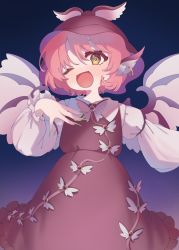 Rule 34 | 1girl, absurdres, animal ears, bird ears, bird wings, blush, brown dress, brown headwear, dress, e sdss, earrings, fingernails, frilled dress, frilled sleeves, frills, green nails, highres, jewelry, long fingernails, long sleeves, mystia lorelei, nail polish, one eye closed, open mouth, pink hair, sharp fingernails, short hair, single earring, smile, solo, touhou, white wings, winged hat, wings, yellow eyes