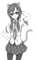 Rule 34 | 00s, 1girl, animal ears, arm up, cat ears, cat tail, evangelion: 2.0 you can (not) advance, glasses, greyscale, hand on own hip, hip focus, long hair, looking at viewer, makinami mari illustrious, monochrome, necktie, neon genesis evangelion, pantyhose, parsley-f, rebuild of evangelion, school uniform, simple background, sketch, smile, solo, tail, twintails