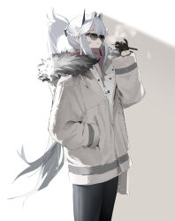 Rule 34 | 1girl, absurdres, black pants, food, highres, jacket, mark jin, original, pants, pocky, ponytail, solo, standing, sunglasses, white background, white hair