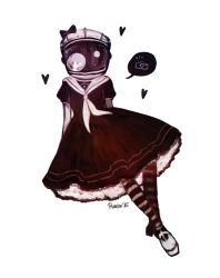 Rule 34 | 1girl, artist name, black dress, dress, female focus, full body, h4tter, hat, heart, original, personification, pluto (planet), ribbon, short sleeves, simple background, solo, speech bubble, thighhighs, white background