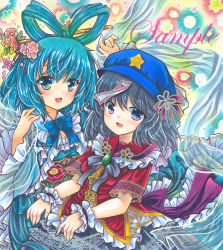 Rule 34 | 2girls, :d, back bow, black skirt, blue bow, blue bowtie, blue dress, blue hair, blue headwear, bow, bowtie, cabbie hat, camellia, chinese clothes, cowboy shot, dress, fang, floral background, flower, frilled bow, frilled dress, frilled shirt collar, frilled sleeves, frills, grey hair, hagoromo, hair flower, hair ornament, hair ribbon, hair rings, hair stick, hat, hat ribbon, kaku seiga, long sleeves, looking at viewer, marker (medium), medium hair, miyako yoshika, multiple girls, ofuda, ofuda on head, open mouth, outstretched arms, pink flower, purple bow, purple ribbon, red flower, ribbon, rui (sugar3), sample watermark, shawl, short sleeves, skin fang, skirt, smile, star (symbol), tangzhuang, touhou, traditional media, watermark, wide sleeves, wrist cuffs, zombie pose