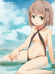 Rule 34 | 10s, 1girl, akame (akamiru), arm support, bad id, bad pixiv id, blush, breasts, brown hair, cloud, day, covered erect nipples, green eyes, hair ornament, hairclip, looking at viewer, open mouth, short hair, sitting, sky, slingshot swimsuit, small breasts, solo, swimsuit, wariza, water, yama no susume, yukimura aoi