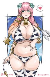 Rule 34 | 1girl, alternate costume, animal print, artist name, bell, bikini, blonde hair, blue flower, blue rose, blush, breasts, cleavage, commentary request, commission, cow print, cow print bikini, cow tail, earrings, fake tail, fire emblem, fire emblem heroes, flower, gradient hair, gunnthra (fire emblem), hair flower, hair ornament, heart, highres, huge breasts, jewelry, looking at viewer, momoiro tunozemi, multicolored hair, navel, neck bell, nintendo, pink hair, print bikini, rose, skeb commission, solo, stomach, swimsuit, tail, thighhighs, thighs, twitter username, two-tone hair