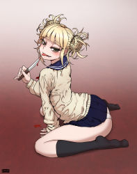 Rule 34 | 10s, 1girl, absurdres, arched back, arm support, bad id, bad pixiv id, black socks, blonde hair, blood, blue sailor collar, blunt bangs, blush, boku no hero academia, cardigan, double bun, dungbae, fang, full body, hair bun, half-closed eyes, highres, holding, holding knife, kneehighs, knife, long sleeves, looking at viewer, looking back, messy hair, open mouth, panties, sailor collar, school uniform, serafuku, short hair, sitting, skirt, smile, socks, solo, sweater, toga himiko, tongue, tongue out, underwear, wariza, white panties, yellow eyes, yellow sweater